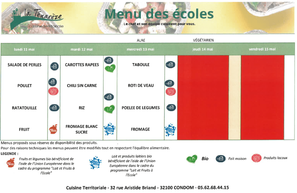 Menus du 11 au 13 mai 2026