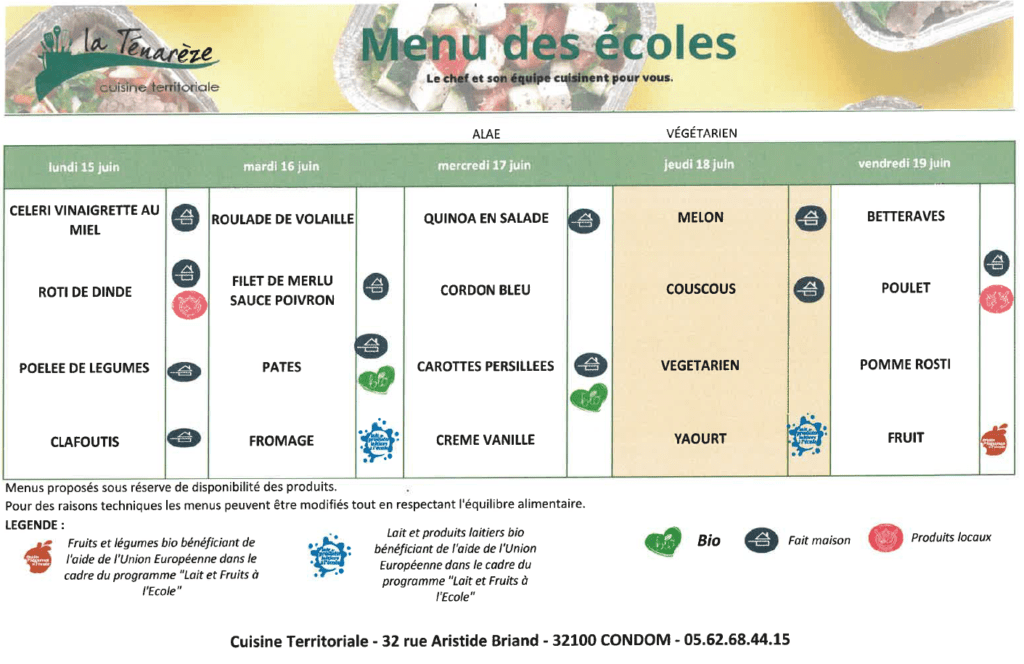 Menus du 15 au 19 juin 2026