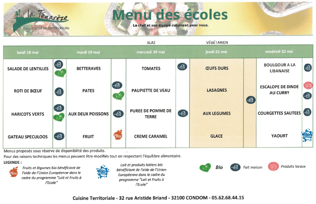 Menus du 18 au 22 mai 2026