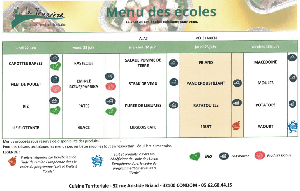 Menus du 22 au 26 juin 2026