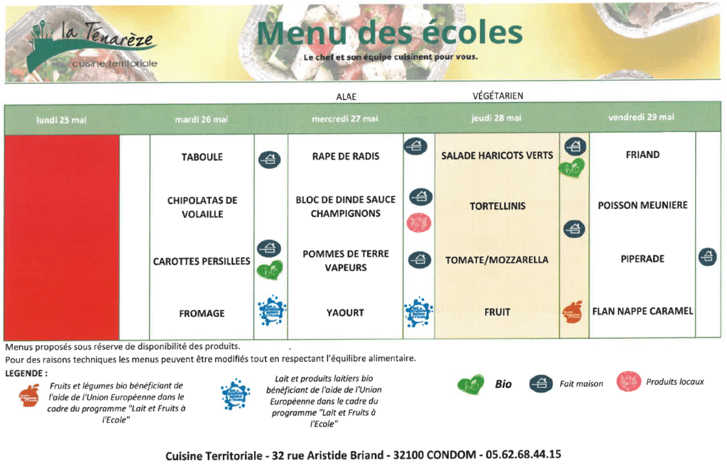 Menus du 25 au 29 mai 2026