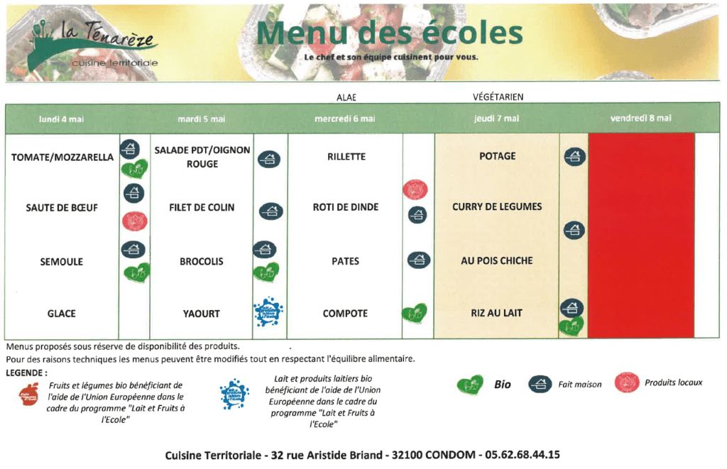 Menus du 4 au 7 mai 2026