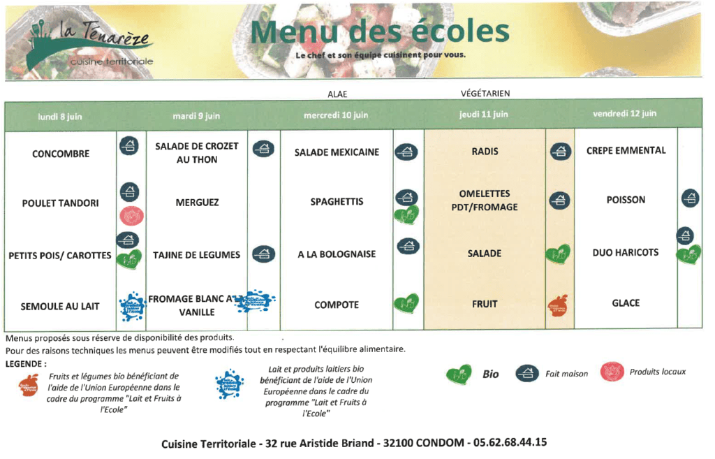 Menus du 8 au 12 juin 2026